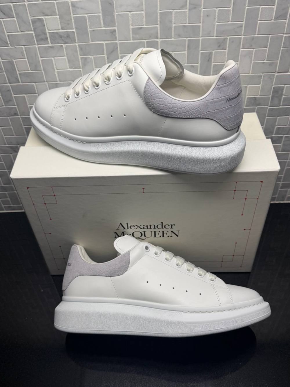 Alexander McQueen Oversized Sneakers White Leather Croc Embossed Suede US 12.5